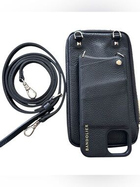 Bandolier Black Leather Crossbody Phone Wallet with Strap